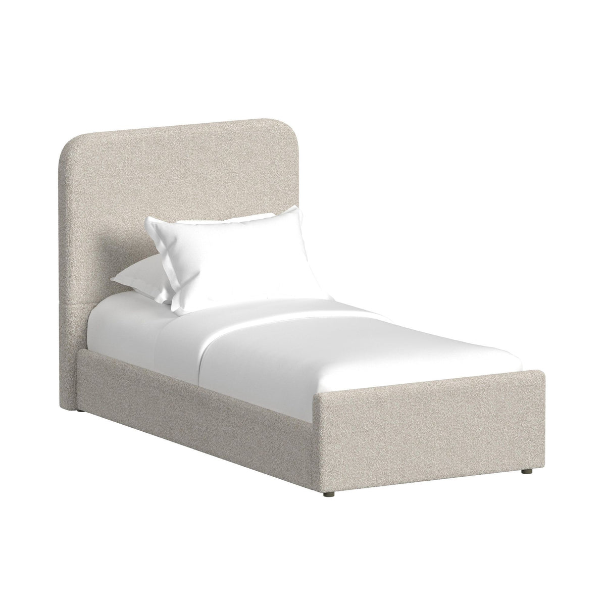 Upholstered bed with rounded headboard and low frame, light gray fabric, short posts