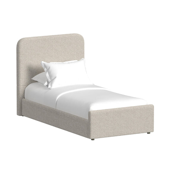 Upholstered bed with rounded headboard and low frame, light gray fabric, short posts