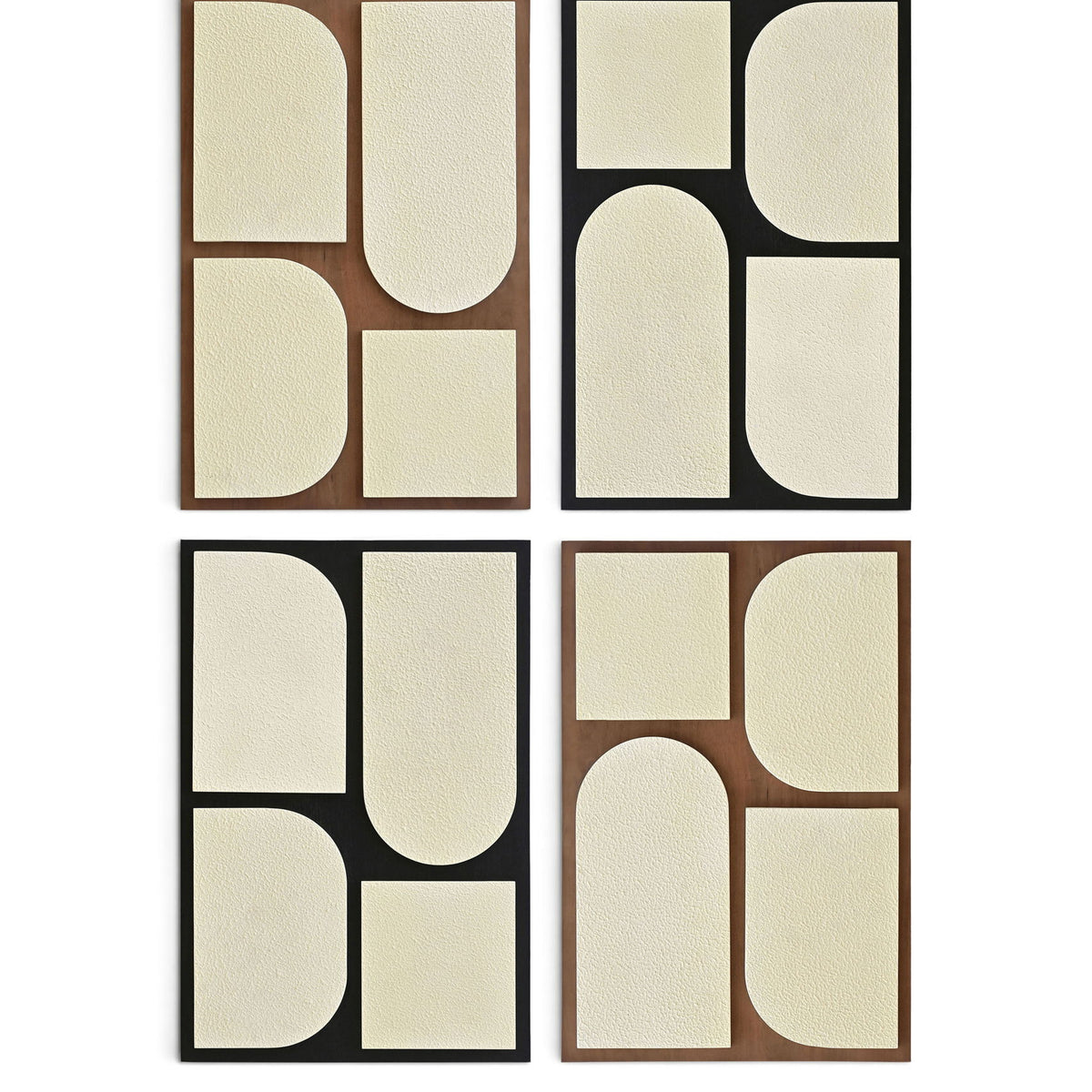 4-piece wall art set with beige abstract arches and blocks on natural wood frames