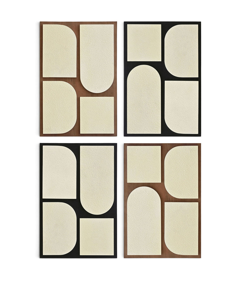 4-piece wall art set with beige abstract arches and blocks on natural wood frames