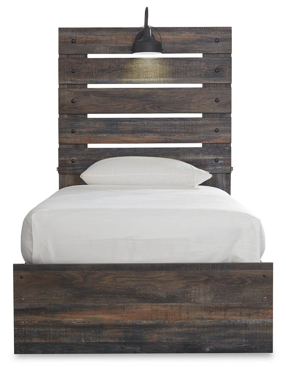 Drystan panel bed with dark wood headboard slats and matching platform base