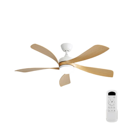 White ceiling fan with 5 light wood blades and frosted light panel; remote control included