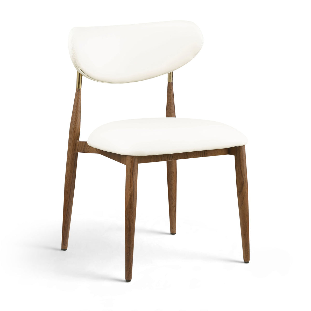 White vegan leather dining side chair with rounded backrest and walnut legs