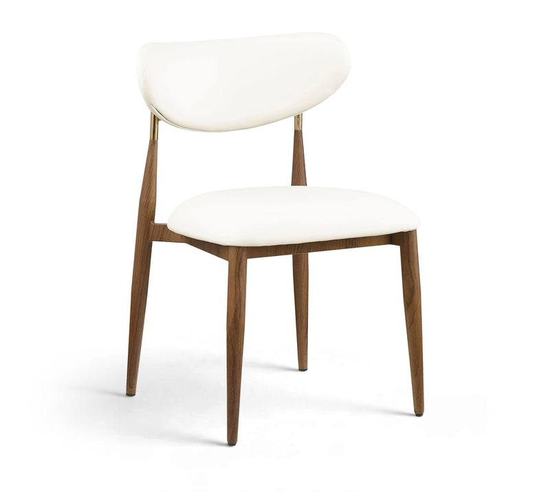 White vegan leather dining side chair with rounded backrest and walnut legs