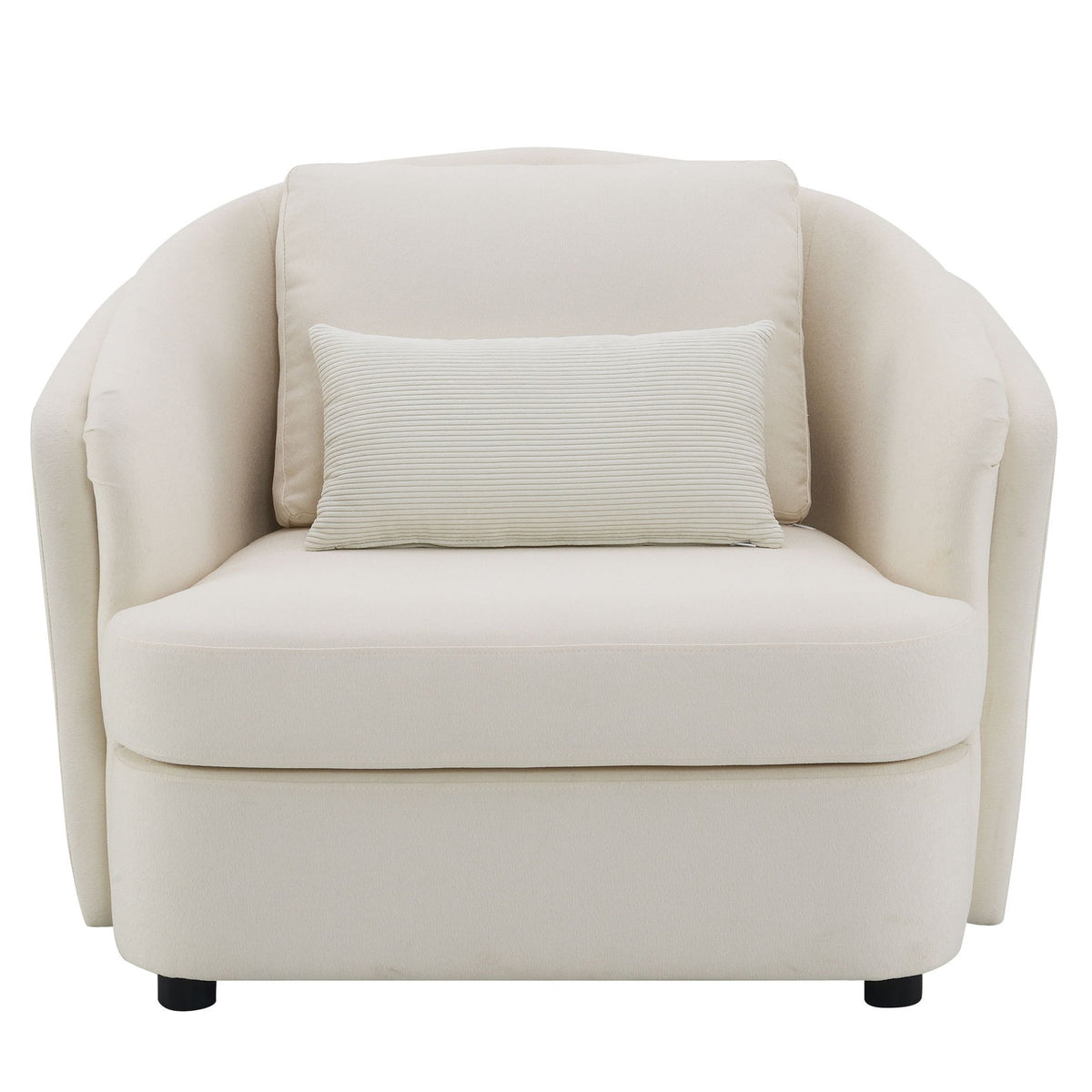 Beige upholstered armchair with piped seams and textured throw pillow