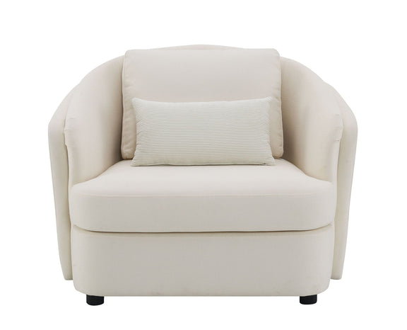 Beige upholstered armchair with piped seams and textured throw pillow