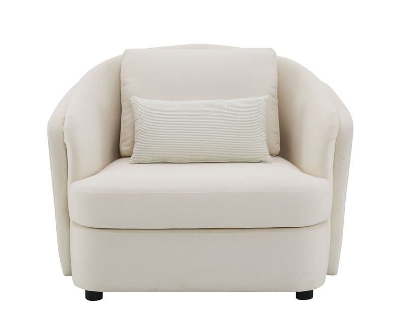 Beige upholstered armchair with piped seams and textured throw pillow