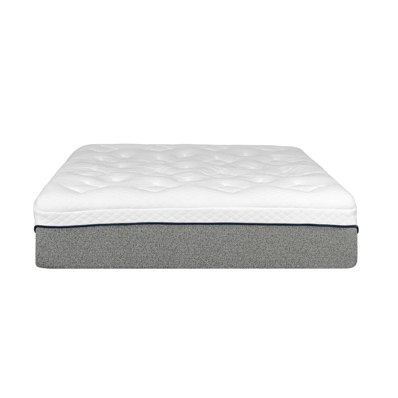 Gel memory foam mattress with white quilted top and gray base, medium plush.