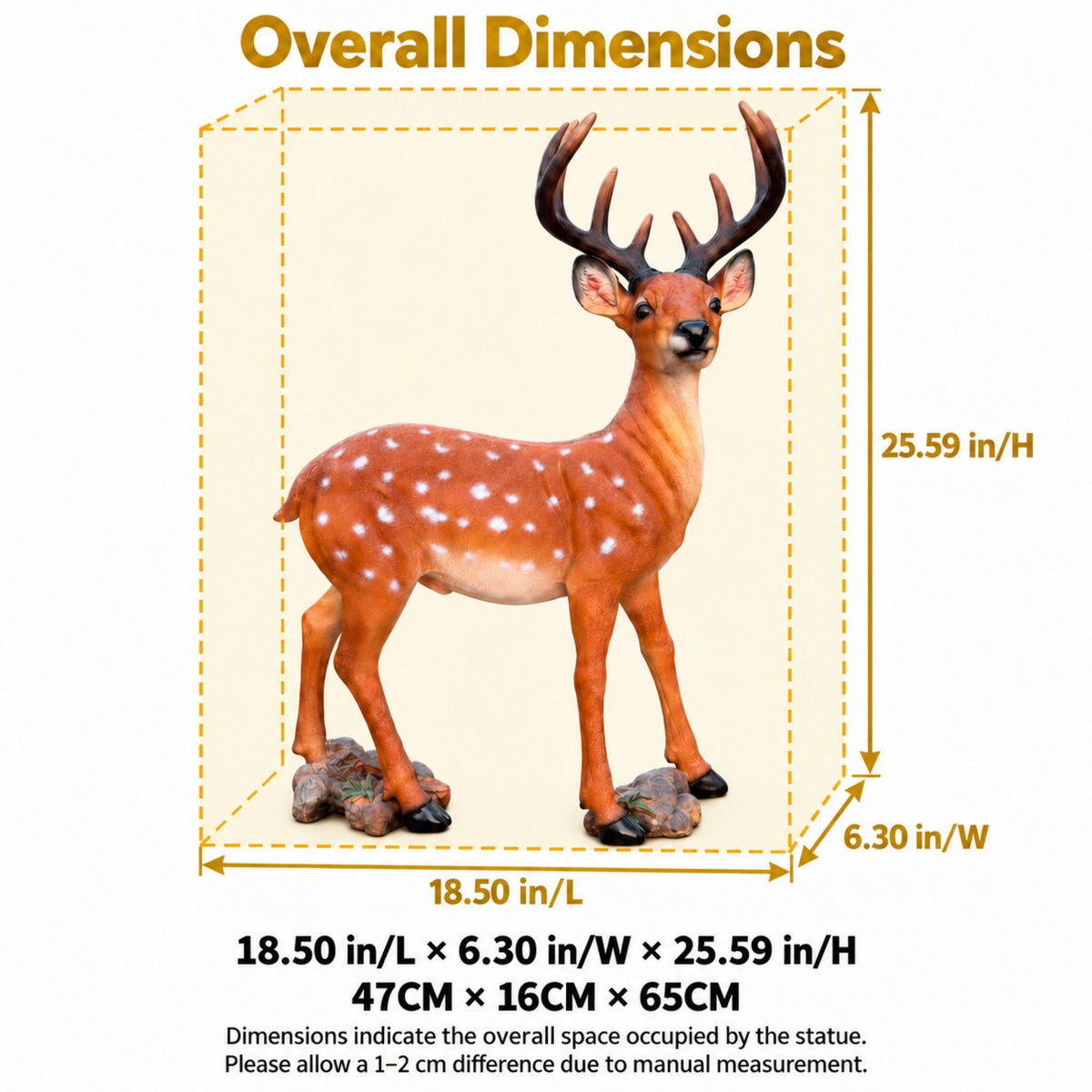 Spotted brown deer statue with antlers, shown with dimensions of 18.5 by 6.3 by 25.59 inches