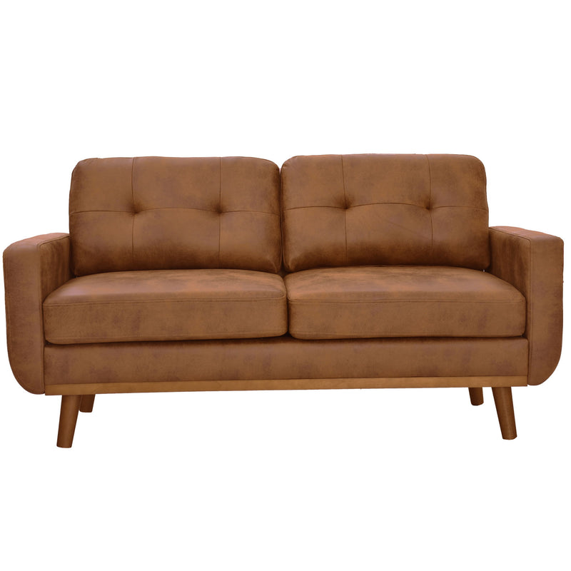Two-seat sofa in light brown upholstery with tufted back cushions and wooden legs