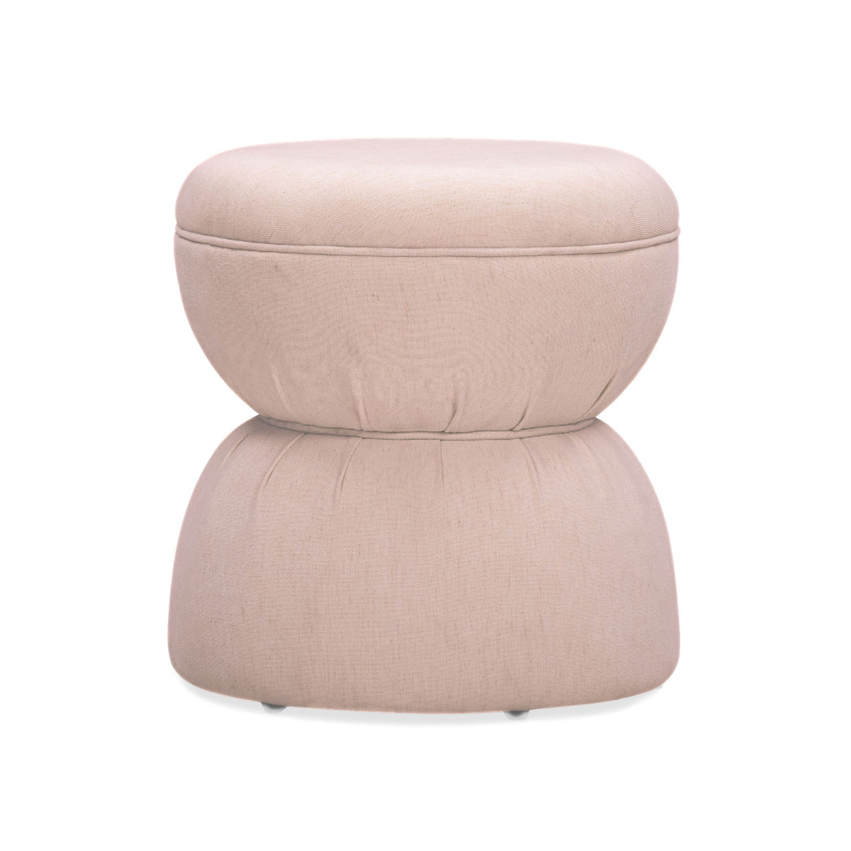 Light brown ruched upholstered ottoman with round padded top and stacked base