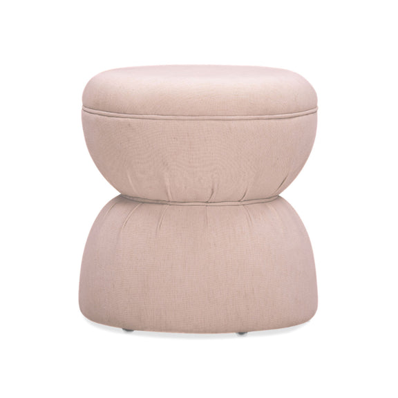 Light brown ruched upholstered ottoman with round padded top and stacked base