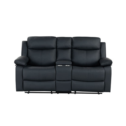 Black reclining loveseat with padded arms, split back cushions, and central console panel