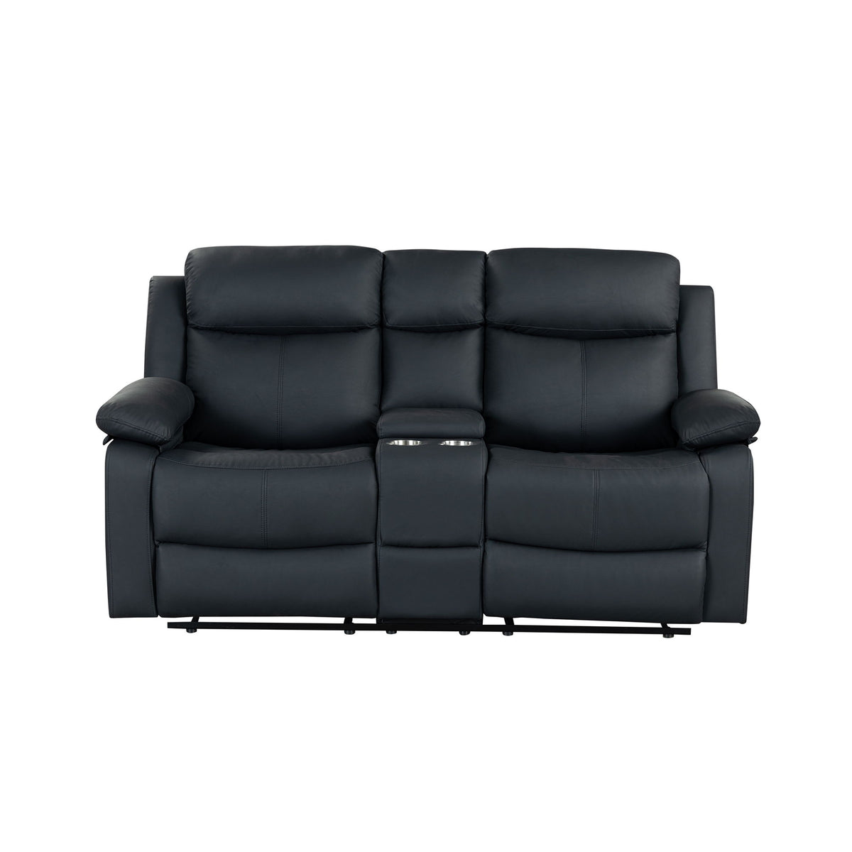 Black reclining sofa with three padded back sections and blue LED strip at the base