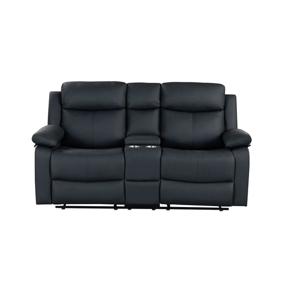 Black reclining sofa with three padded back sections and blue LED strip at the base