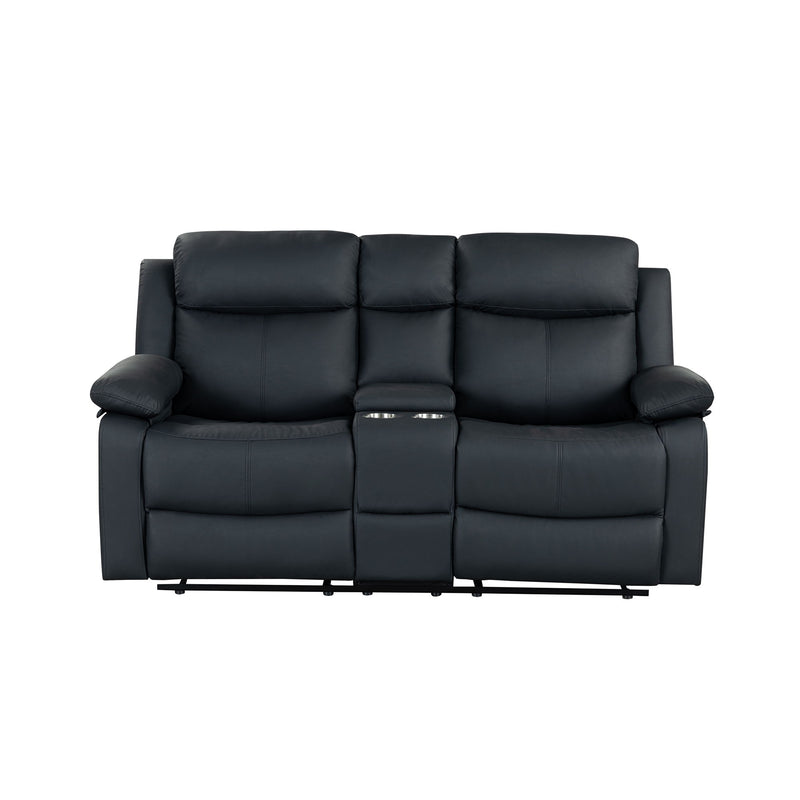 Black reclining sofa with three padded back sections and blue LED strip at the base