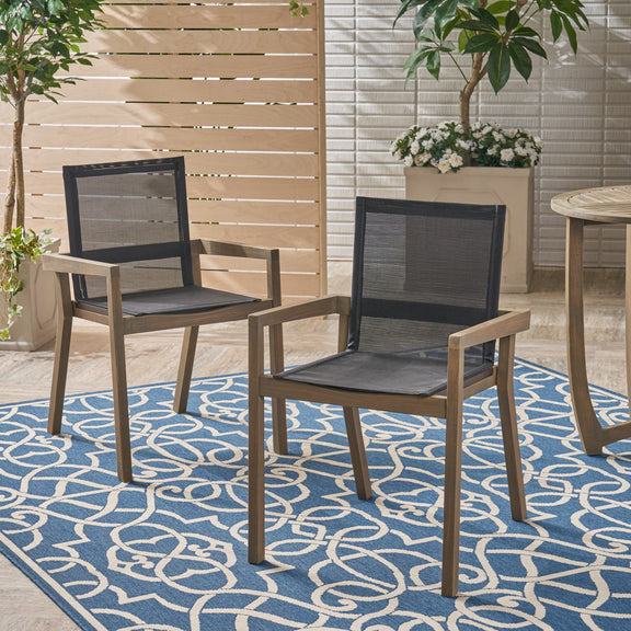 Pair of outdoor dining chairs with gray mesh seats and backs, brown frames, and armrests