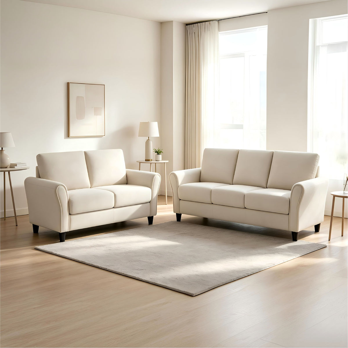 Beige 2-piece sofa set with loveseat and sofa, upholstered arms, short dark legs