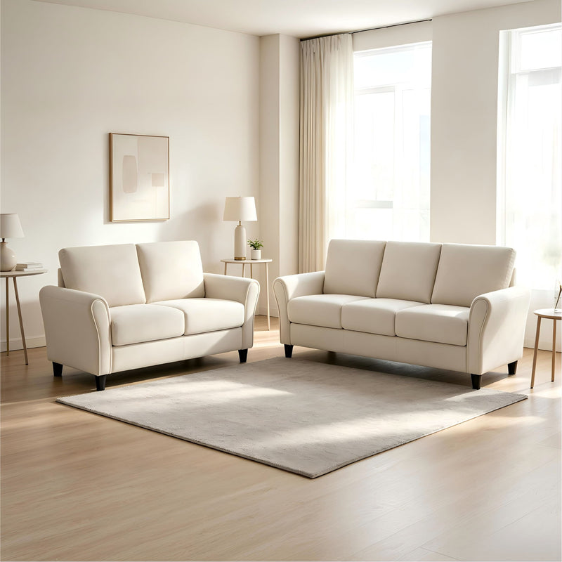 Beige 2-piece sofa set with loveseat and sofa, upholstered arms, short dark legs