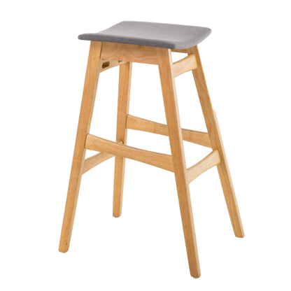 Dark gray upholstered bar stool with light wood frame and cushioned seat