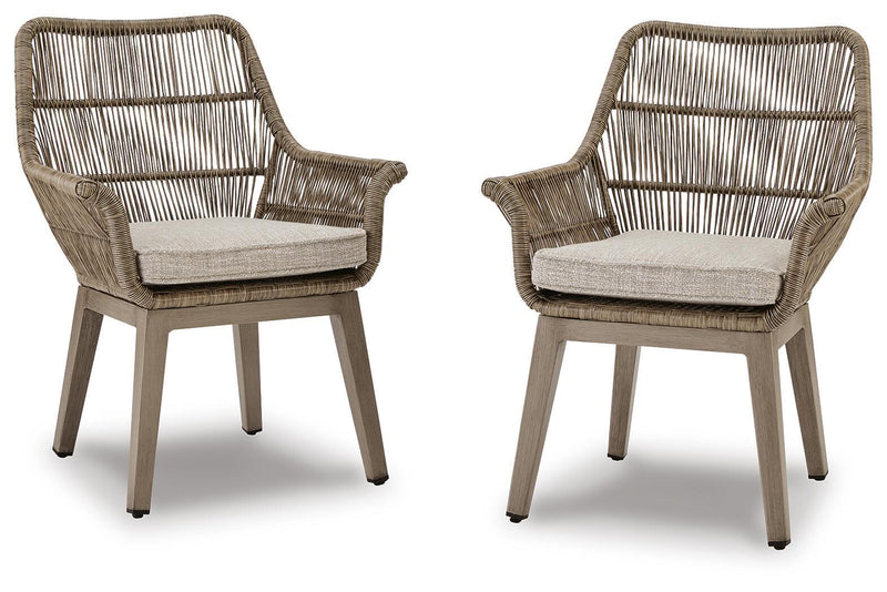 Set of 2 beige woven armchairs with light gray seat cushions, angled view