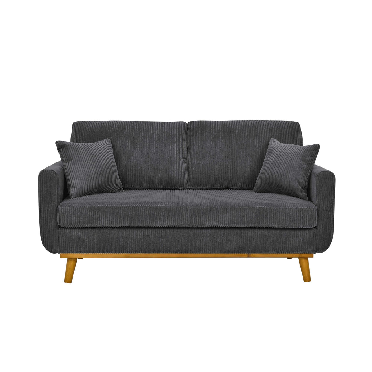 Upholstered loveseat with arms and pillows, dark gray fabric and wooden legs