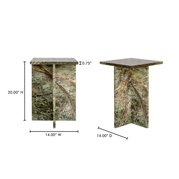 Marble-look accent table, green pattern; 20 in H, 14 in width and depth