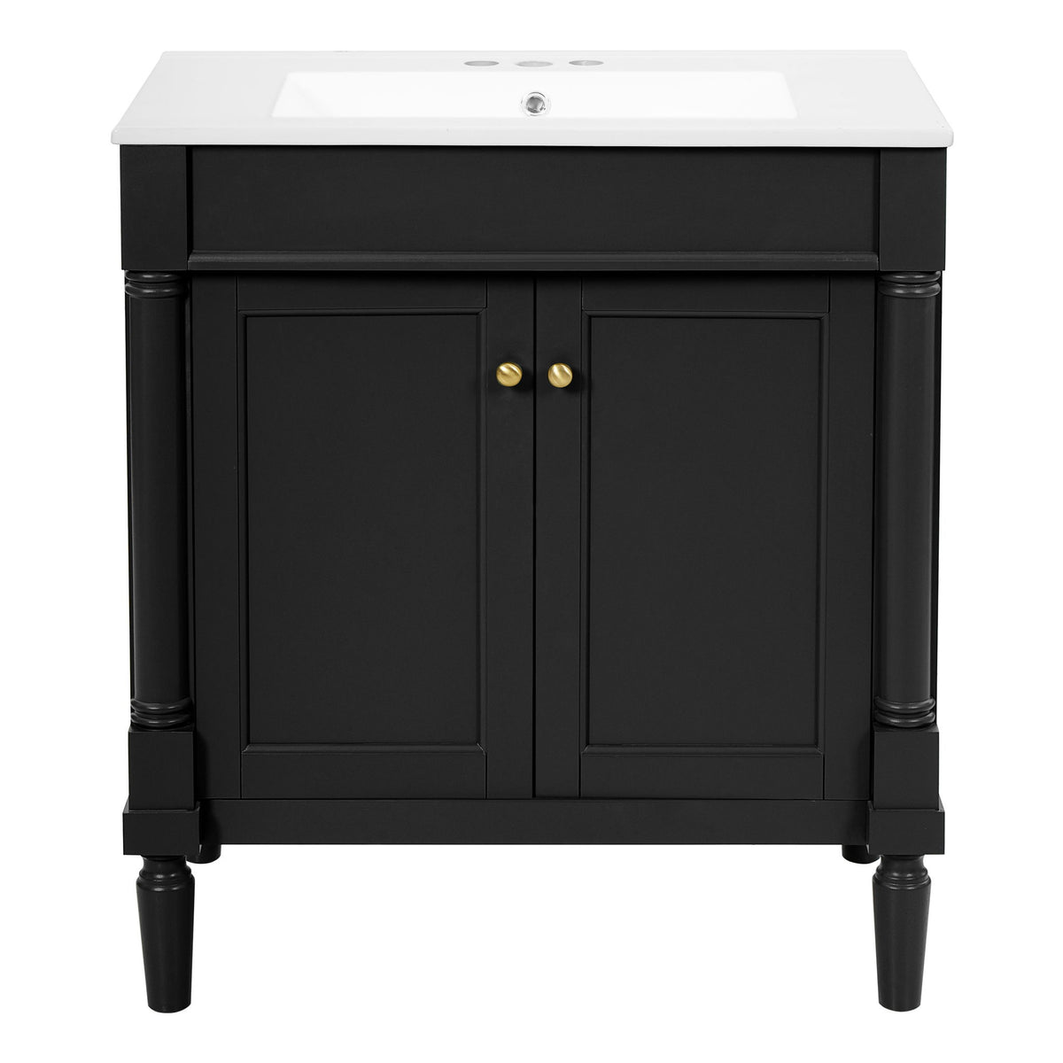 Black bathroom vanity cabinet with sink, two doors, gold knobs, pedestal legs