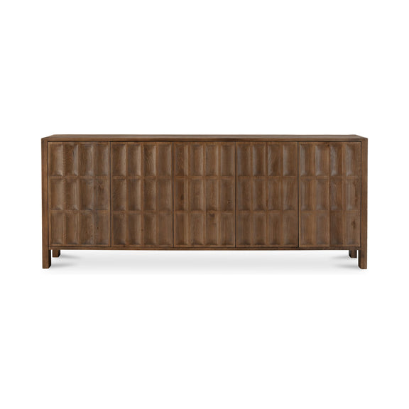 Brown sideboard with paneled doors and vertical grid detailing, with four tapered legs