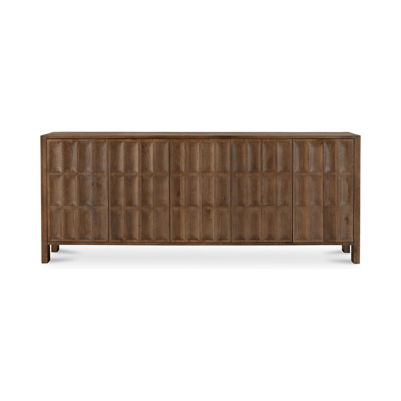 Brown sideboard with paneled doors and vertical grid detailing, with four tapered legs
