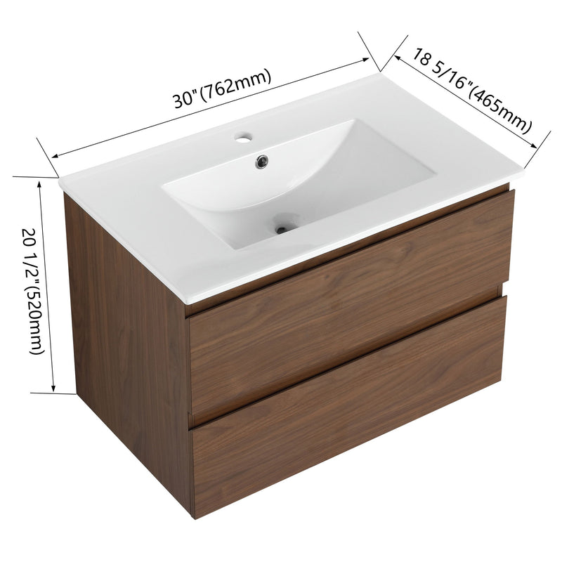 Wall-mounted bathroom vanity with white countertop sink and two dark brown soft-close drawers