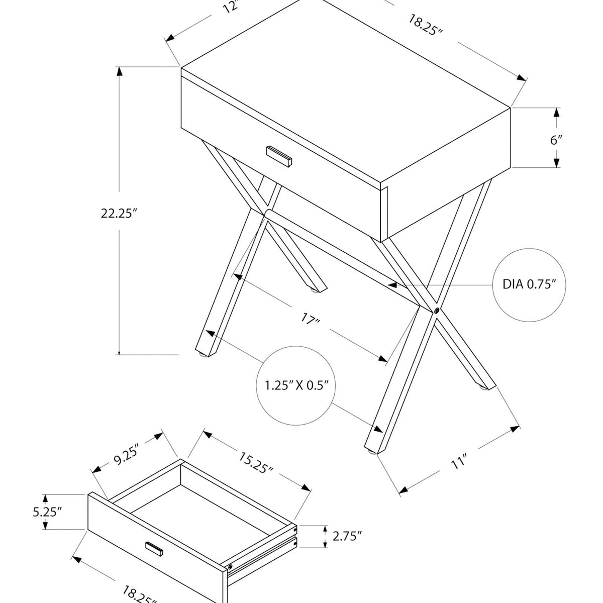 Accent Side X Table, Storage Drawer, Contemporary & Modern