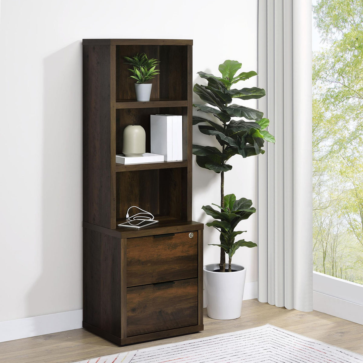 Westpark 3-shelf Bookcase USB and Lockable Drawer Dark Pine
