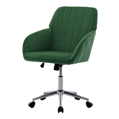 Dark green upholstered office chair with padded seat and curved back, swivel base, casters