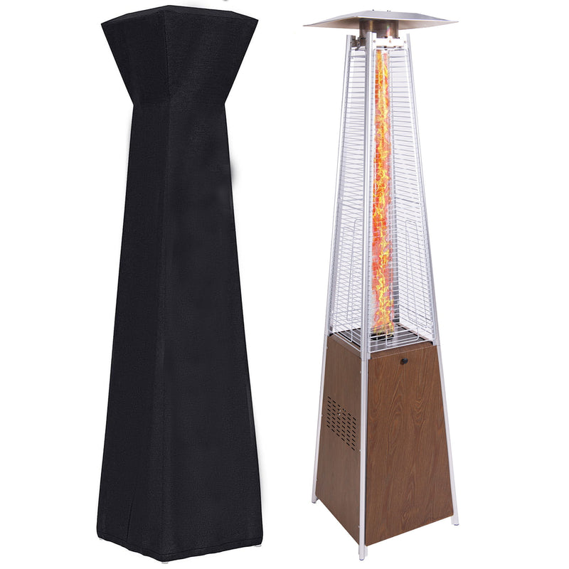 Dark brown patio heater with detachable wheels and black protective cover