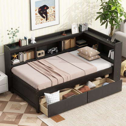 Twin Size L-shaped Bookcases Bed with Power Outlets, USB Charging Ports, Two Drawers, Espresso