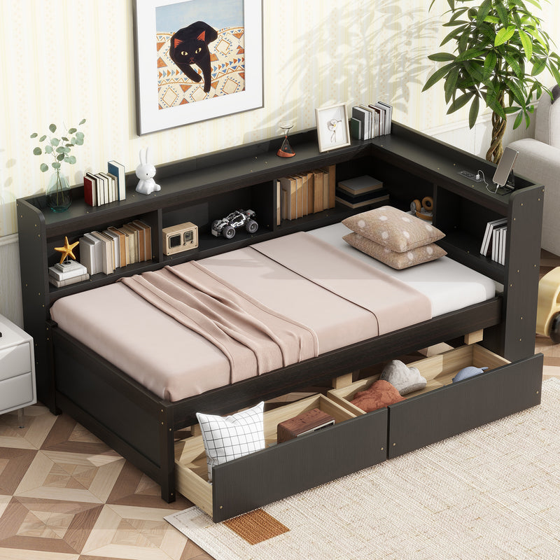 Twin Size L-shaped Bookcases Bed with Power Outlets, USB Charging Ports, Two Drawers, Espresso