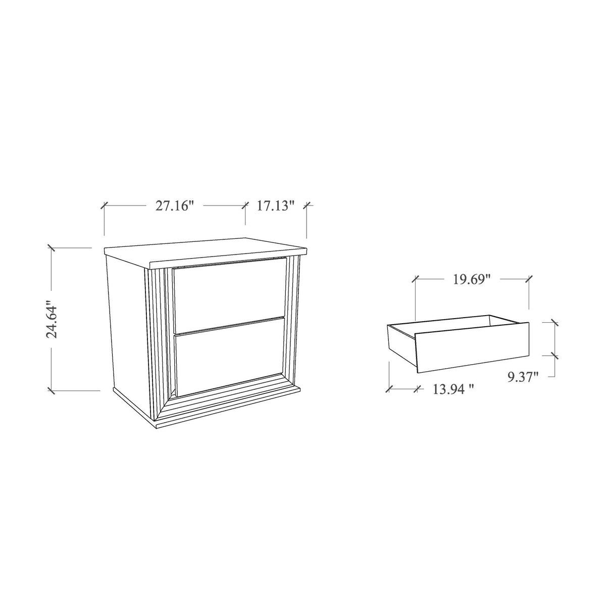 White nightstand measurement view, smooth drawers with built-in LED lighting