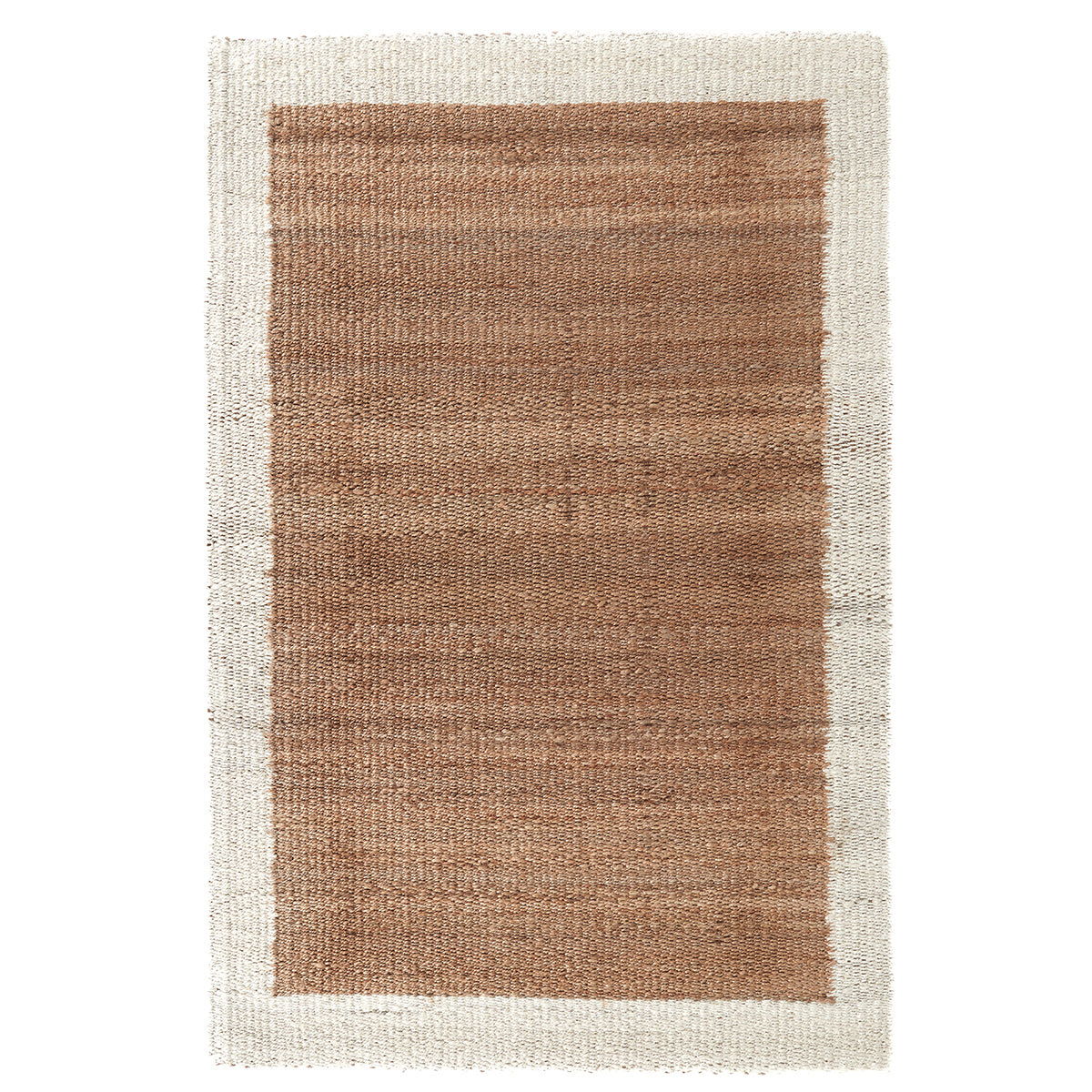 Frame area rug with ivory border and warm brown rectangular center panel, flat woven