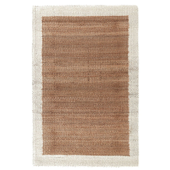 Frame area rug with ivory border and warm brown rectangular center panel, flat woven