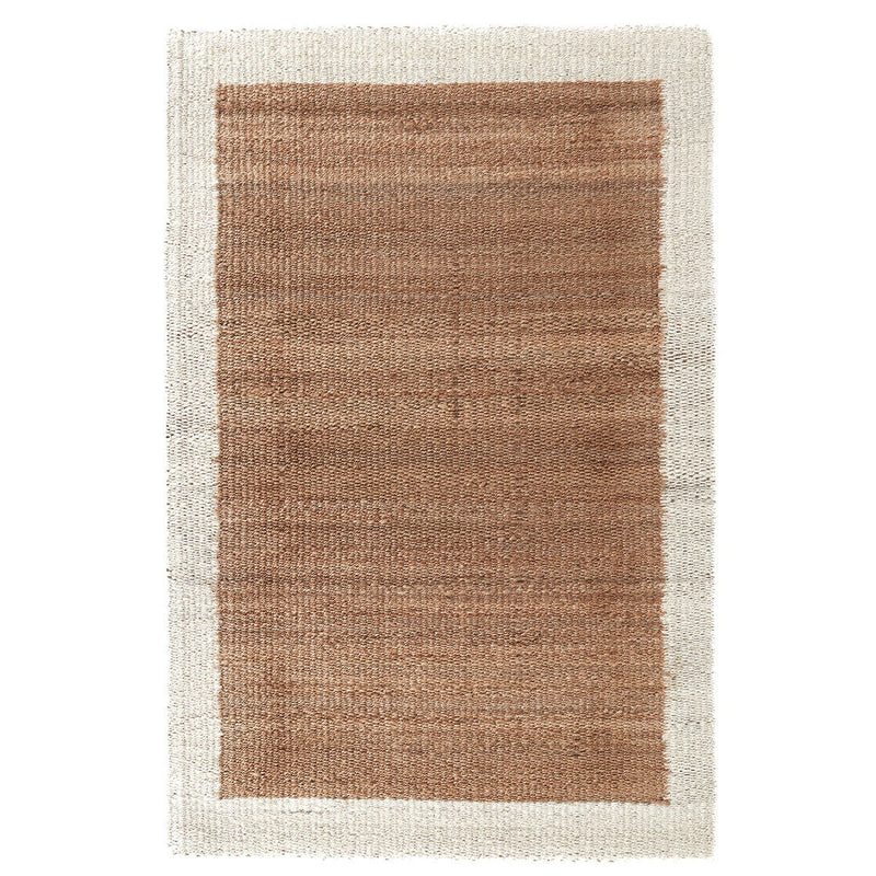 Frame area rug with ivory border and warm brown rectangular center panel, flat woven