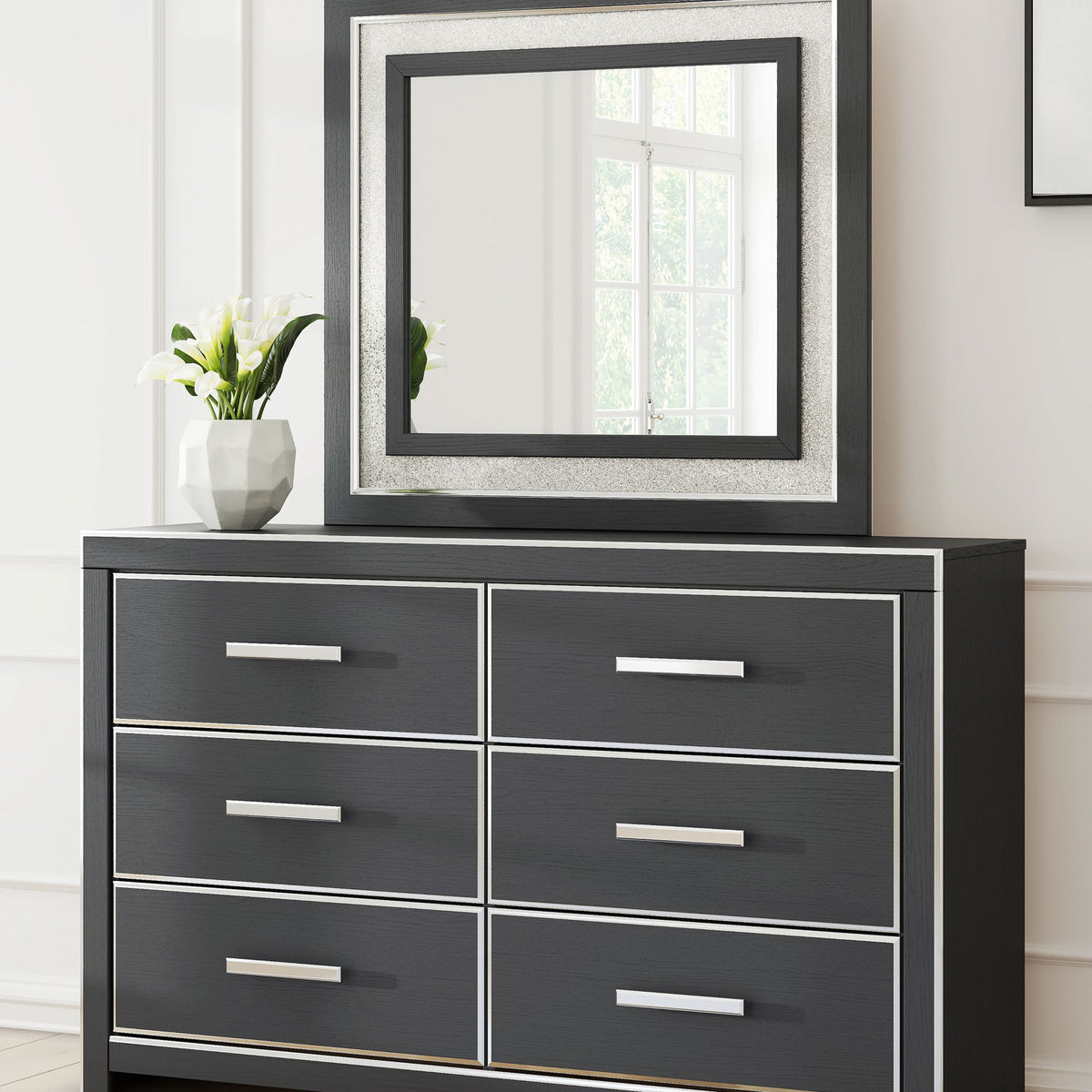 Six-drawer dresser with dark finish, square mirror on top, and white bar handles