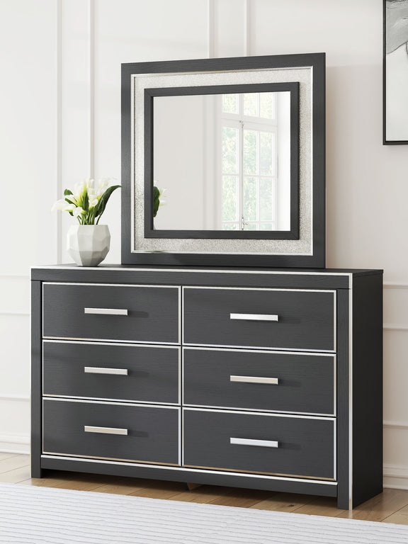 Six-drawer dresser with dark finish, square mirror on top, and white bar handles