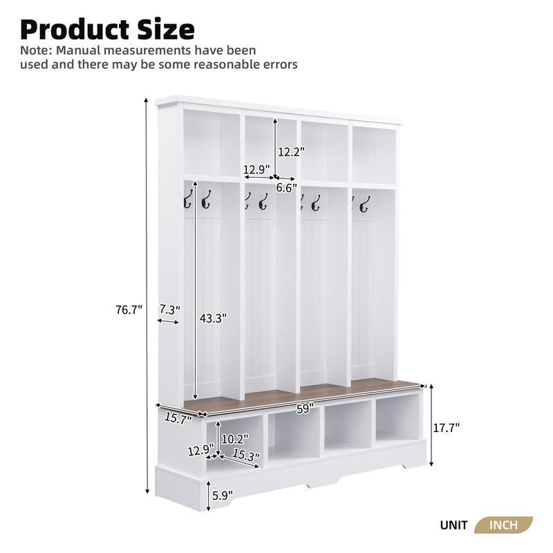 White hall tree bench size view with 8 hooks and open storage compartments.