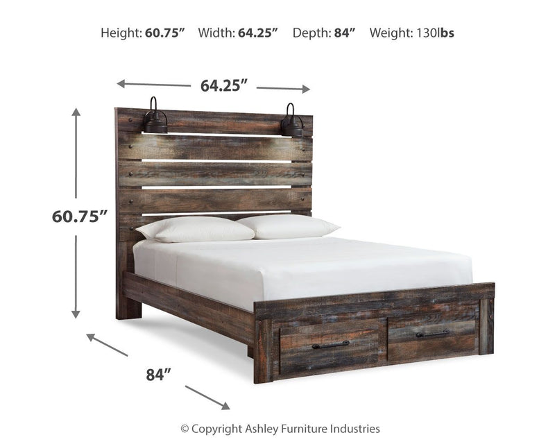 Drystan panel bed dimensions view: dark wood slatted headboard and platform frame