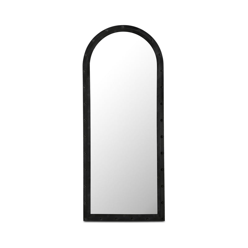 Full-length arched mirror with dark frame and metal rivets
