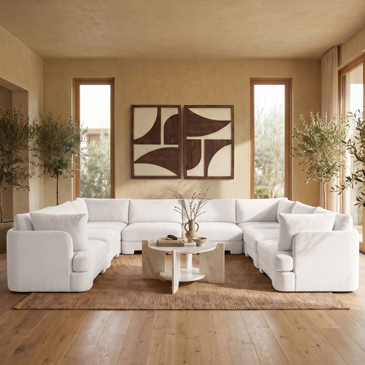 Beige velvet U-shaped sectional sofa, 8-piece set with thick seat cushions