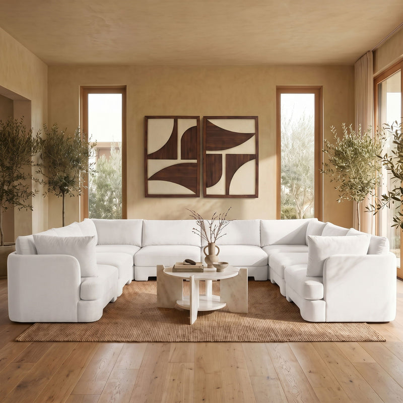 Beige velvet U-shaped sectional sofa, 8-piece set with thick seat cushions
