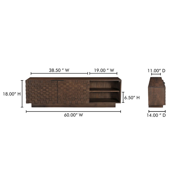 Brown media cabinet with woven front panels and right open shelf; 60" W x 18" H