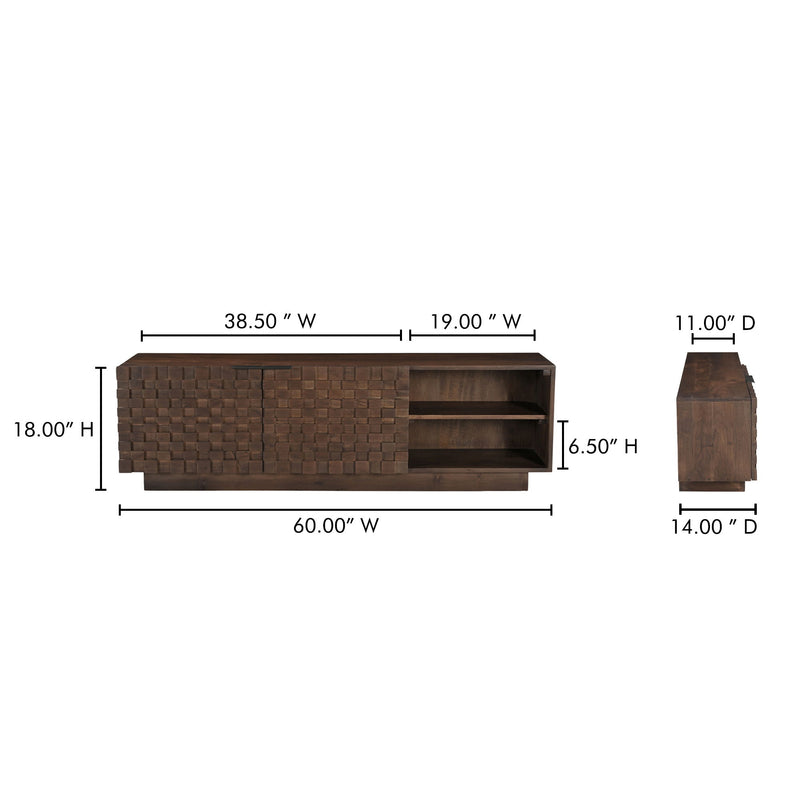 Brown media cabinet with woven front panels and right open shelf; 60" W x 18" H